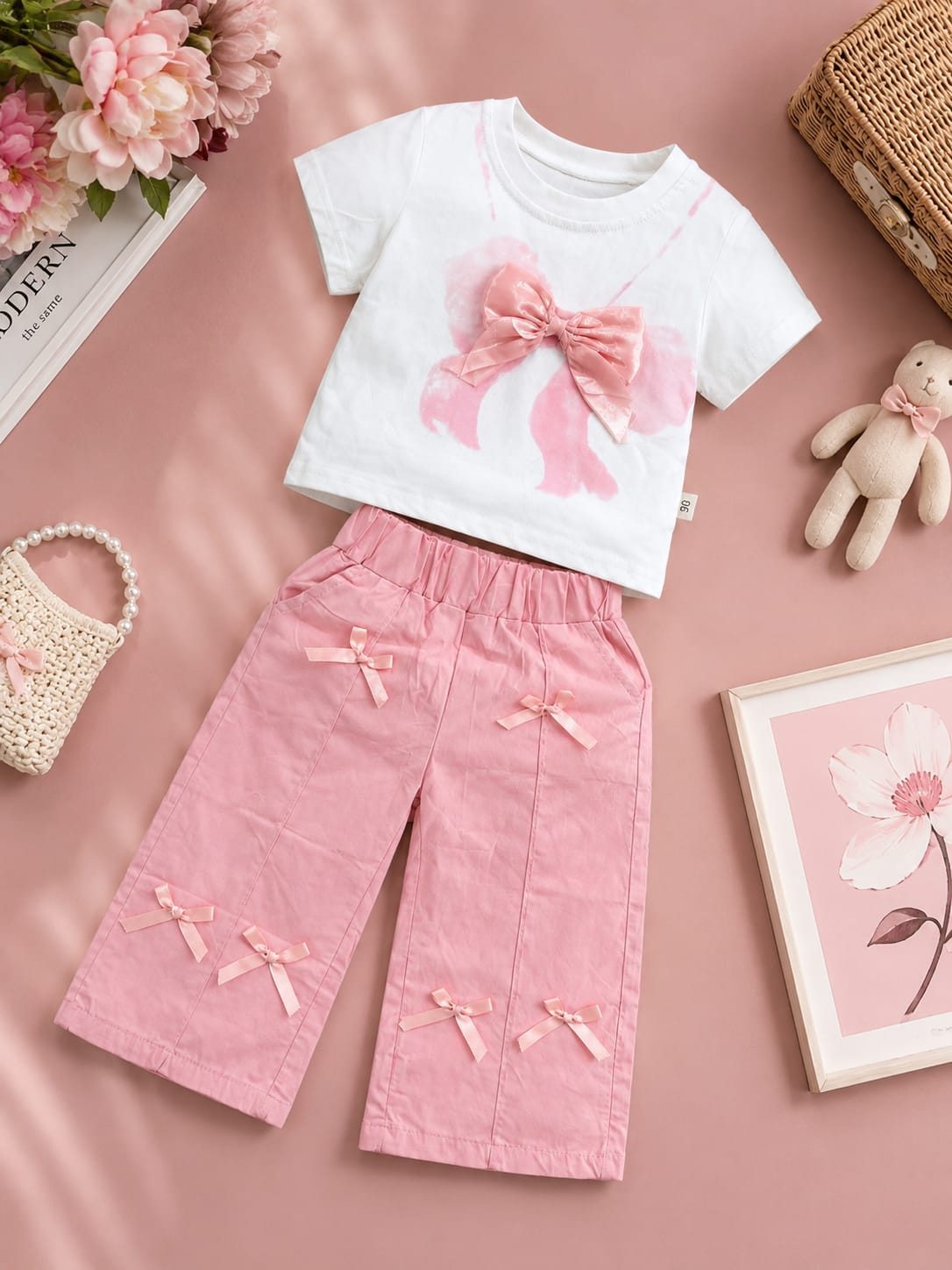 Girls Pink Bow Print T-Shirt & Wide Leg Pants Co-ord Set | Premium 2-Piece Outfit | Size 18–26