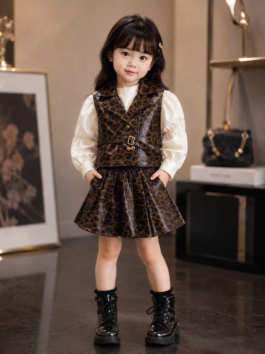 Girls Leopard Print 3-Piece Co-ord Set | Puff Sleeve Top, Fashion Vest & Pleated Skirt | Size 18–26