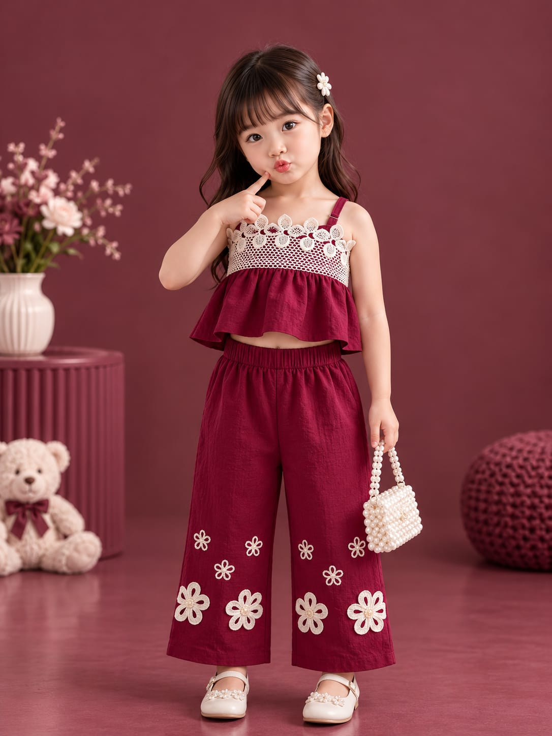 Girls Floral Lace Crop Top & Wide Leg Pants Co-ord Set | Premium 2-Piece Party Wear Outfit | Size 18–26
