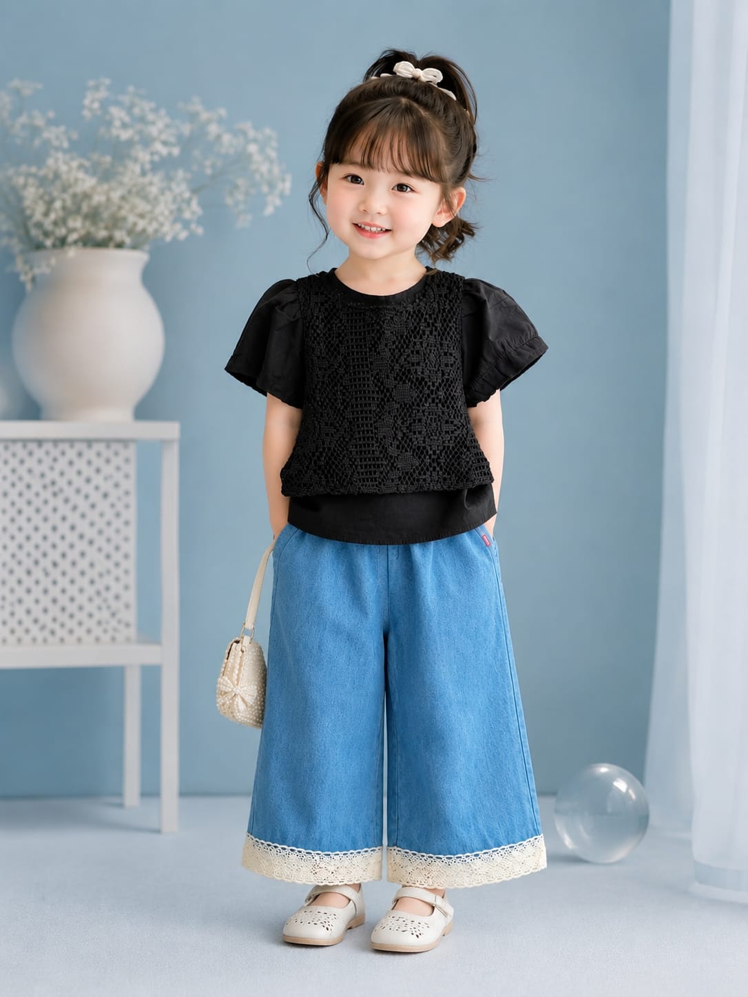 Girls Black Lace Top & Denim Wide Leg Pants Co-ord Set | Premium 2-Piece Outfit | Size 18–26
