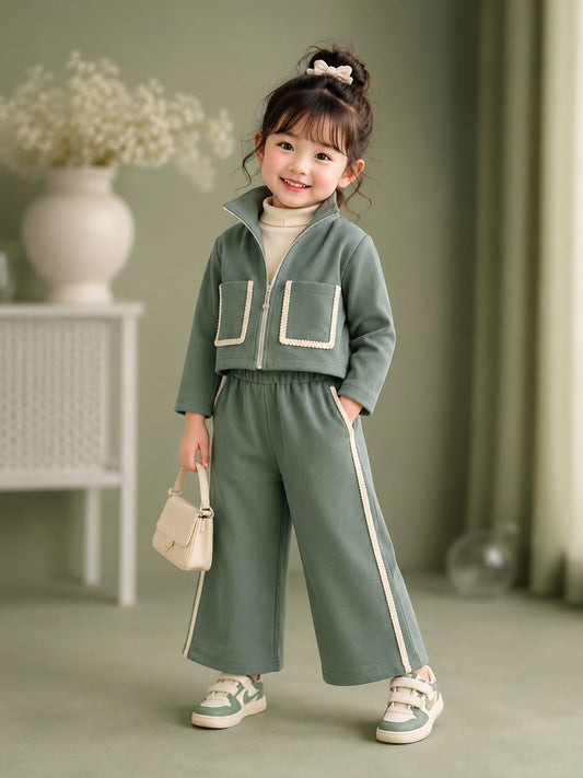 Girls Premium 3-Piece Co-ord Set | High Neck Inner, Zip-Up Jacket & Wide Leg Pants | Size 18–26