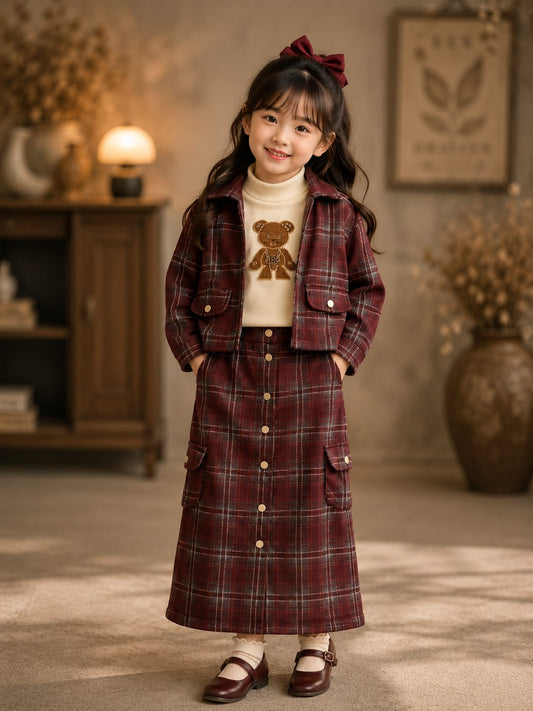 Girls Premium 3-Piece Checked Jacket, High Neck Top & Cargo Skirt Set | Size 24–36