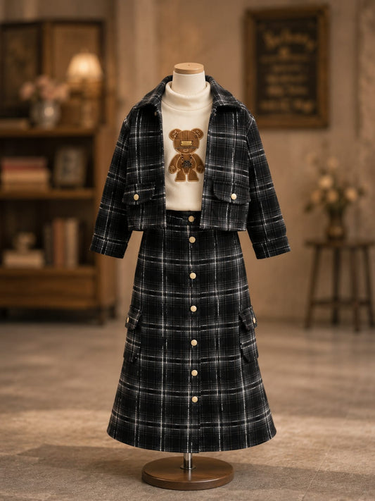 Girls Premium Checked Jacket, High Neck Top & Button Cargo Skirt 3-Piece Co-Ord Set | Size 24–36