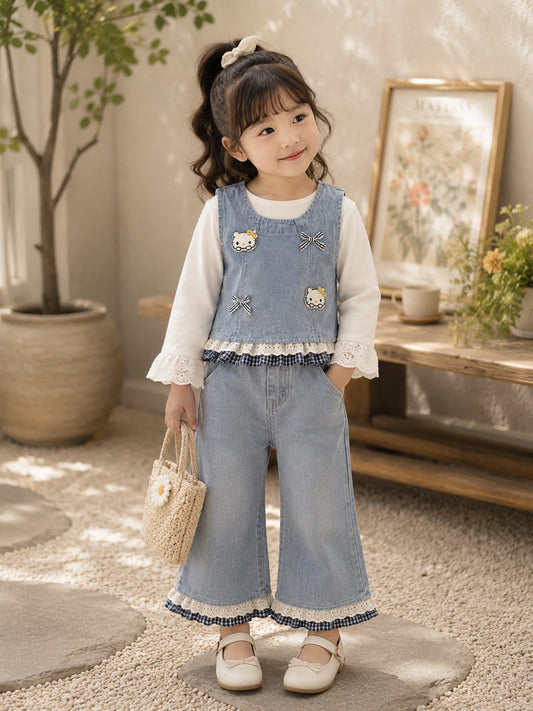 Baby Girls 3-Piece Denim Co-Ord Set with Cartoon Patch & Wide Leg Jeans | Premium Casual Outfit | Sizes 18–26