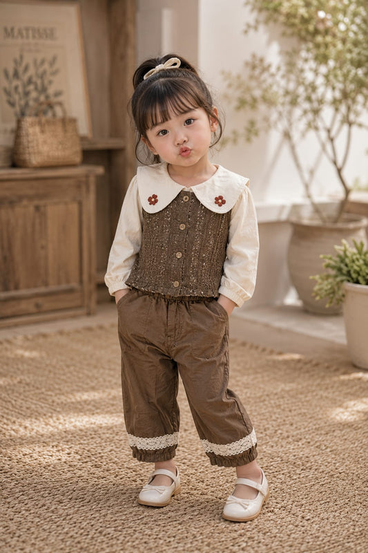 Baby Girls Premium 3-Piece Cotton Co-Ord Set | Embroidered Vest, Full Sleeve Top & Lace Pants | Casual Outfit | Sizes 18–26