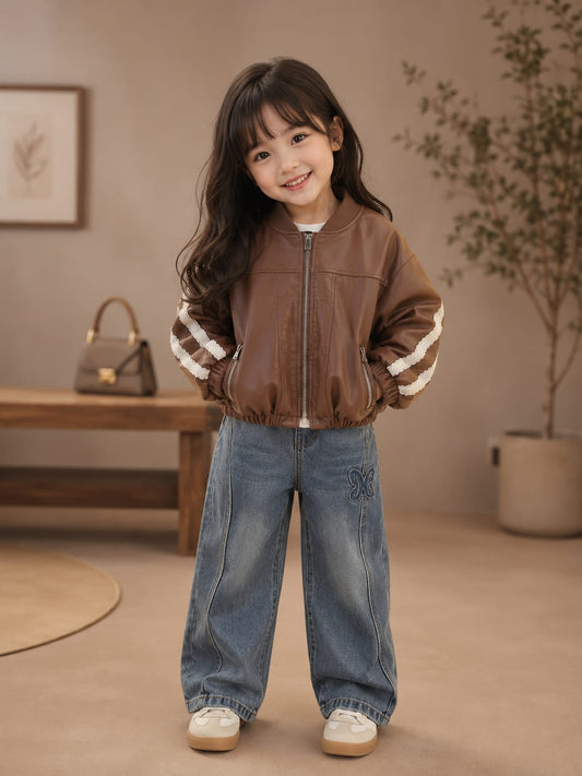 Kids Premium Faux Leather Bomber Jacket | Zip-Up Winter Jacket | Brown | 4–10 Years