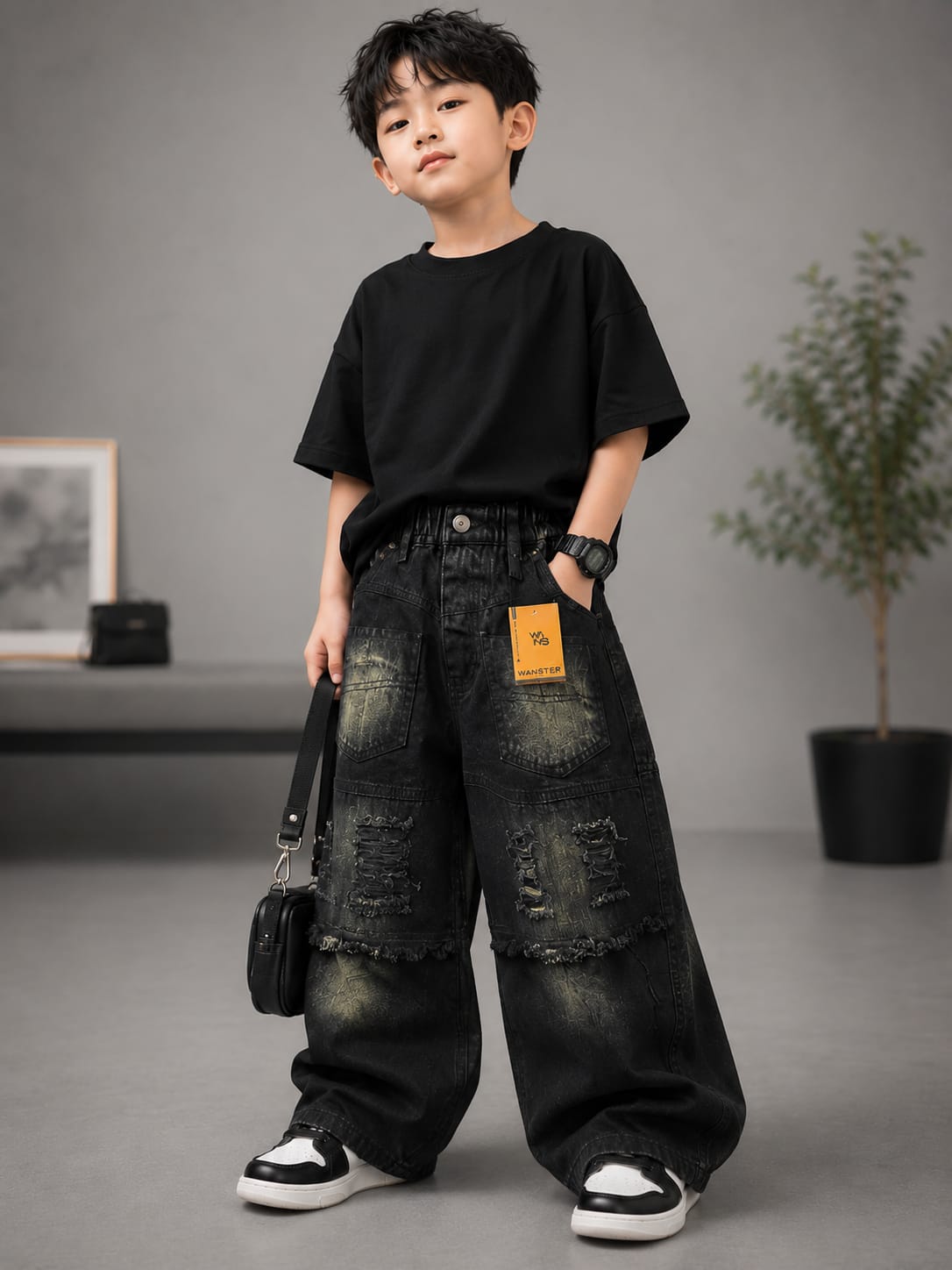 Wanster Boys Black Wide Leg Distressed Denim Jeans | Premium Baggy Fit | 6–12 Years