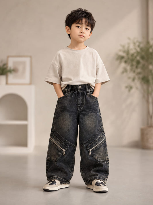 Wanster Boys Black Baggy Cargo Denim Jeans | Premium Wide Leg Zip Pocket Jeans | 6–12 Years