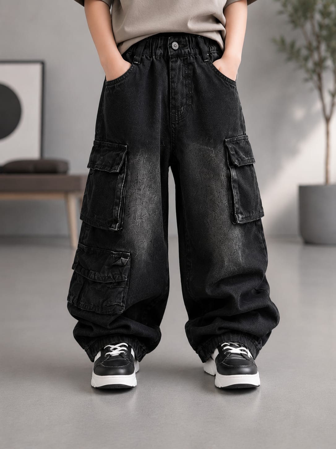 Wanster Boys Black Baggy Cargo Denim Jeans | Premium Multi-Pocket Streetwear Jeans | 6–12 Years