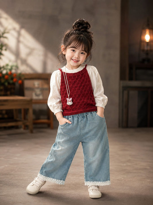 Girls 3-Piece Knitted Top, Full Sleeve T-Shirt & Denim Palazzo Set | Premium Kids Outfit | Sizes 18–26