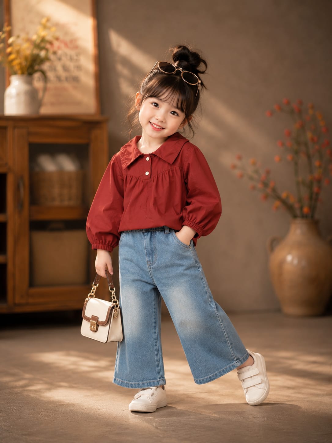 Girls Maroon Full Sleeve Top with Light Blue Denim Palazzo Pant Co-Ord Set | Kids Casual Outfit | Sizes 18–26