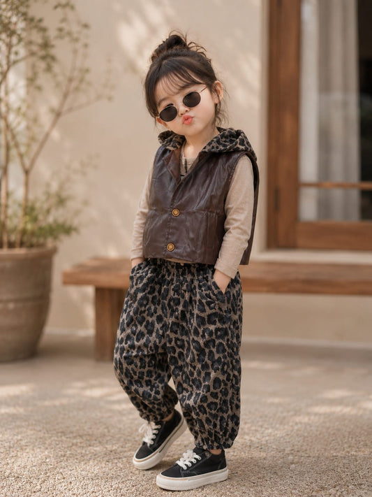 Baby Girls Premium 3-Piece Co-Ord Set with Faux Leather Vest | All Season Casual Outfit | Brown | Sizes 18–26