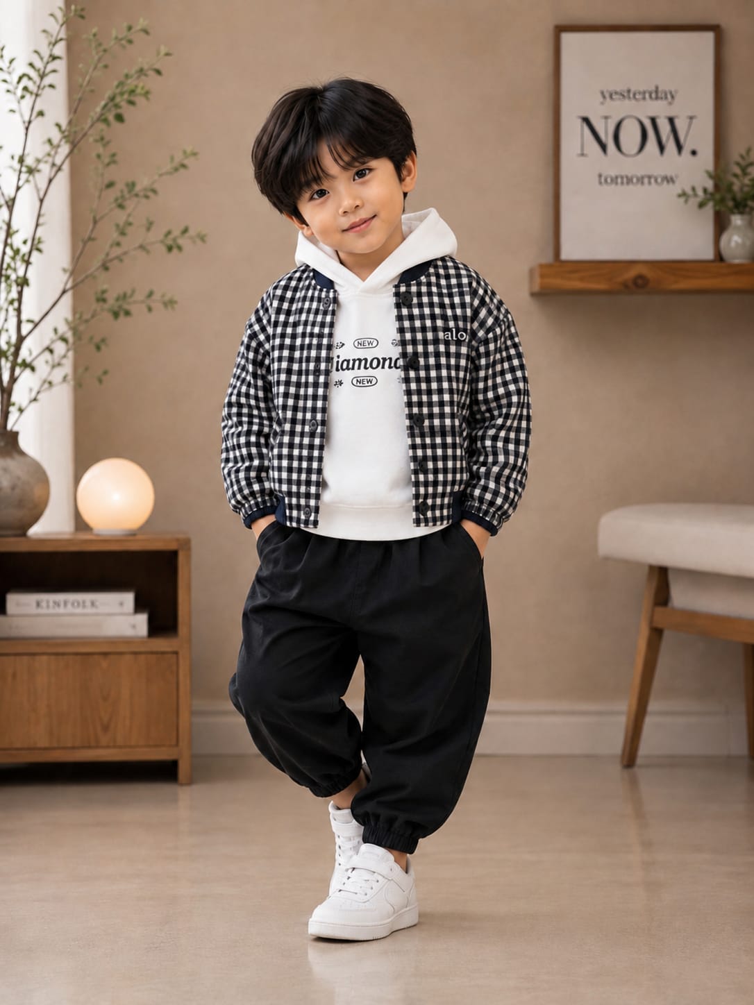 Boys Premium 3-Piece Hoodie Co-Ord Set with Check Shirt & Jogger Pants | All Season Casual Outfit | Black & White | Sizes 18–26