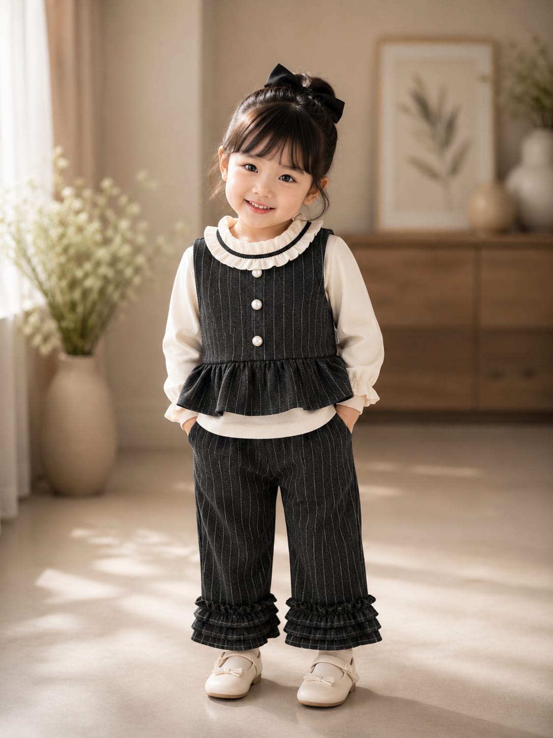 Baby Girls Premium Pinstripe 3-Piece Co-Ord Set | Ruffle Top, Vest & Pants | All Season Outfit | Black | Sizes 18–26