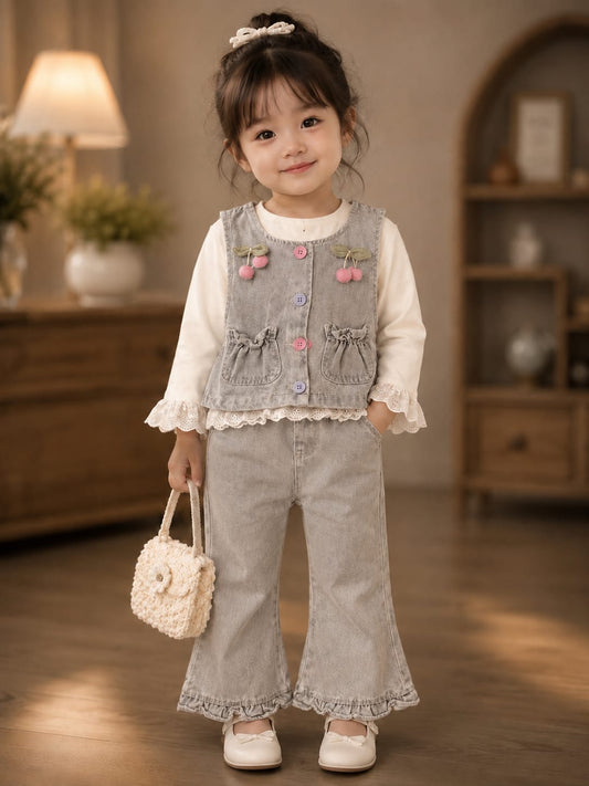 Baby Girls Premium Denim 3-Piece Co-Ord Set | Lace Top, Denim Vest & Flared Jeans | All Season Outfit | Light Grey | Sizes 18–26
