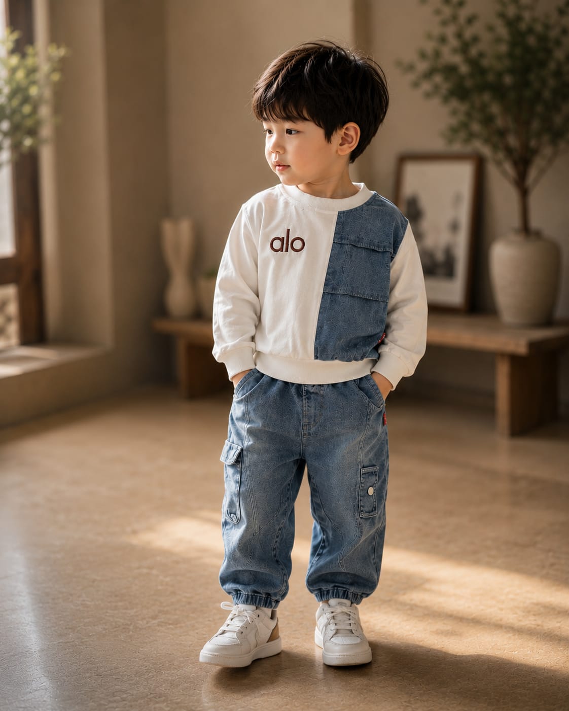 Baby Boys Premium 2-Piece Denim Co-Ord Set | Color Block Sweatshirt & Cargo Jogger Jeans | Casual Outfit | Sizes 18–26