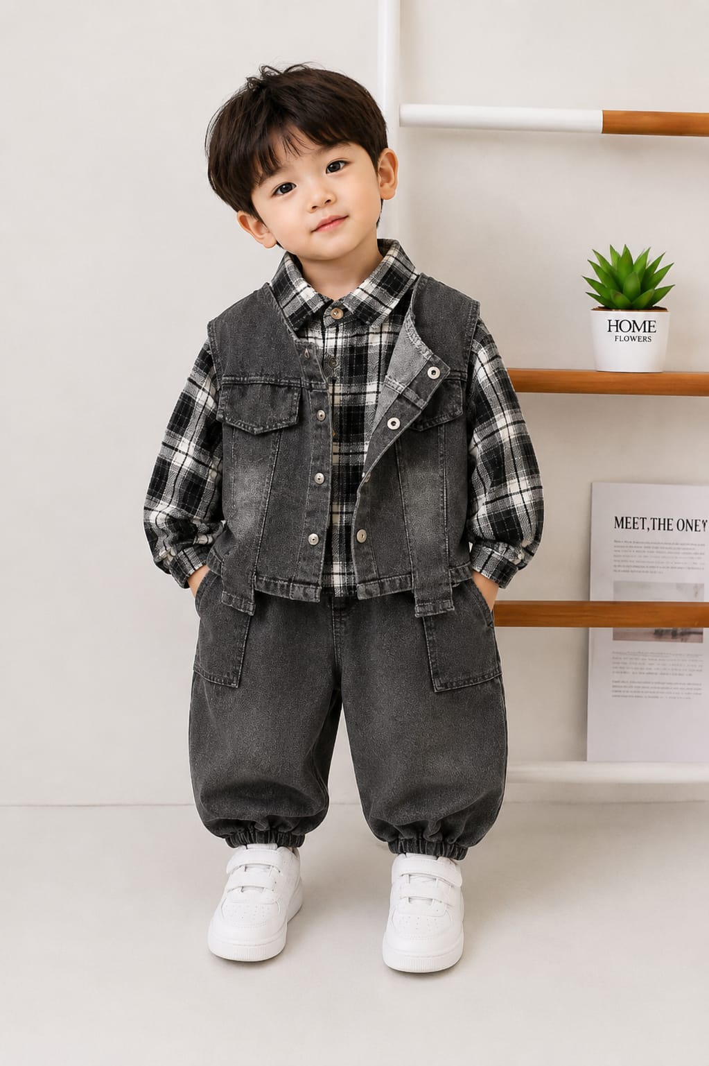 Kids Premium 3-Piece Denim Co-Ord Set | Checked Shirt, Sleeveless Denim Jacket & Cargo Jogger Jeans | Boys | Sizes 18–26
