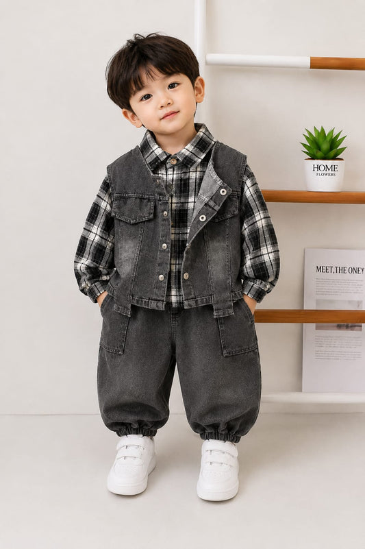 Kids Premium 3-Piece Denim Co-Ord Set | Checked Shirt, Sleeveless Denim Jacket & Cargo Jogger Jeans | Boys | Sizes 18–26