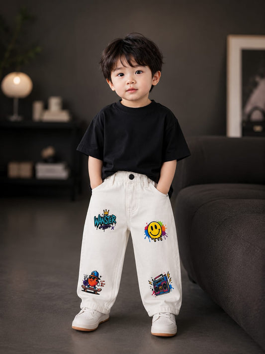 Wanster Kids Premium White Graphic Print Denim Jeans | Trendy Casual Straight Fit Jeans Unisex | Sizes 18–26