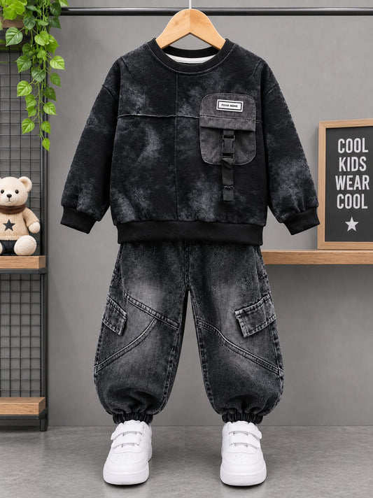 Kids Premium Black Co-Ord Set | Sweatshirt & Cargo Jogger Pants | Boys | Sizes 18–26