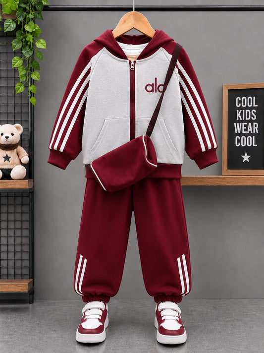 Kids Premium 2-Piece Hooded Co-Ord Set with Sling Bag | Zipper Hoodie, T-Shirt & Jogger Pants | Boys | Sizes 18–26