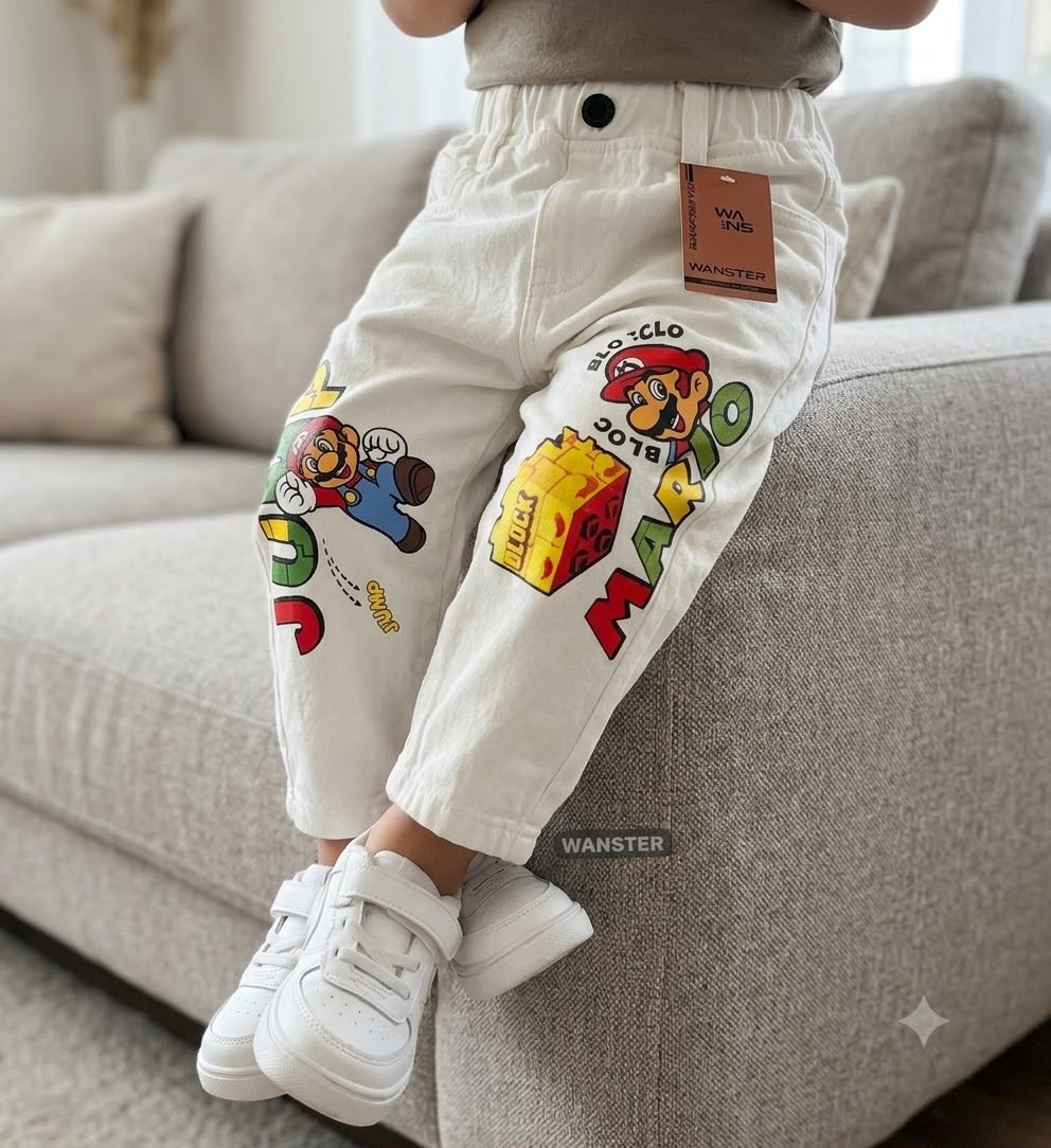 Wanster Kids Premium White Cartoon Print Denim Jeans | Mario Graphic Casual Jeans | Boys & Girls | Sizes 18–26