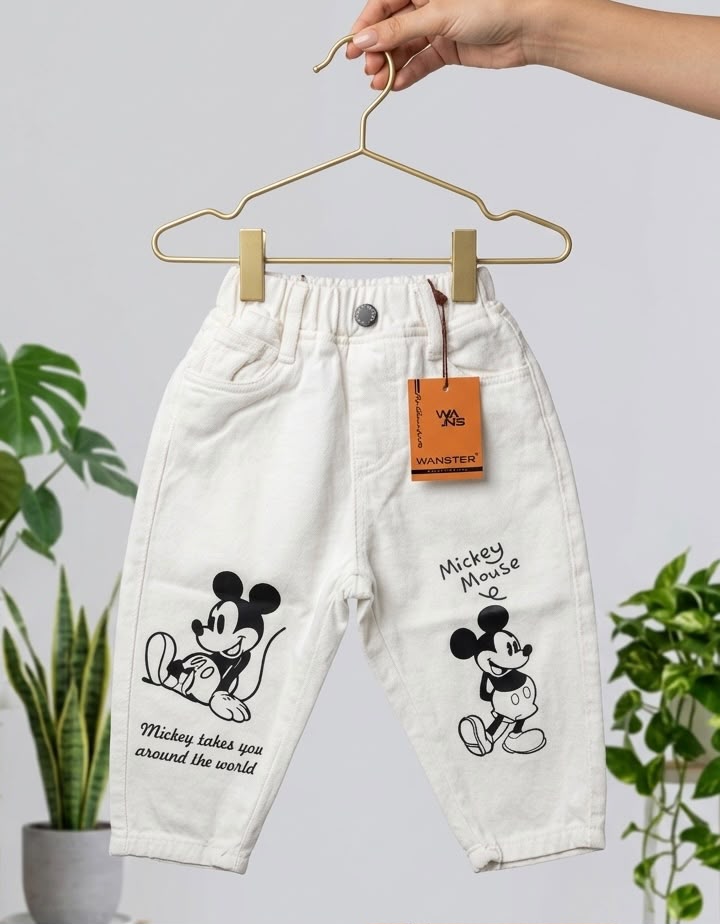 Wanster Kids White Cartoon Print Denim Jeans | Premium Casual Baby Jeans | Sizes 18–26