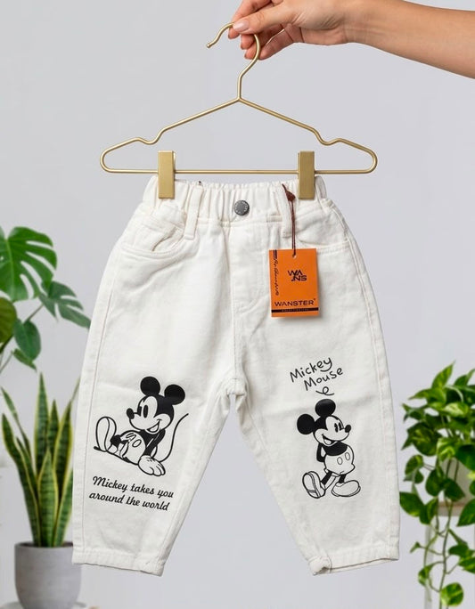 Wanster Kids White Cartoon Print Denim Jeans | Premium Casual Baby Jeans | Sizes 18–26