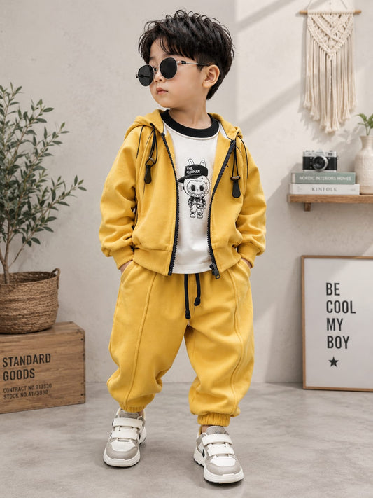 Kids Premium 3-Piece Yellow Hooded Co-Ord Set | Zipper Hoodie, Printed T-Shirt & Jogger Pants | Boys | Sizes 18–26