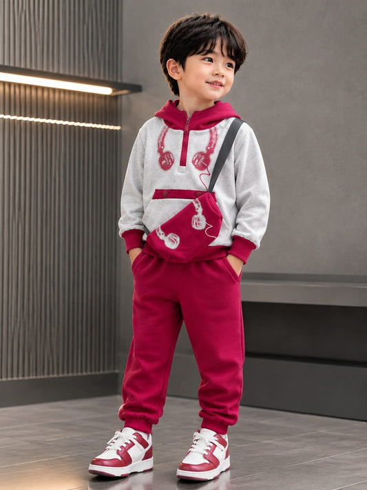 Kids Premium 2-Piece Hoodie Co-Ord Set with Matching Sling Bag | Maroon & Grey | Sizes 18–26