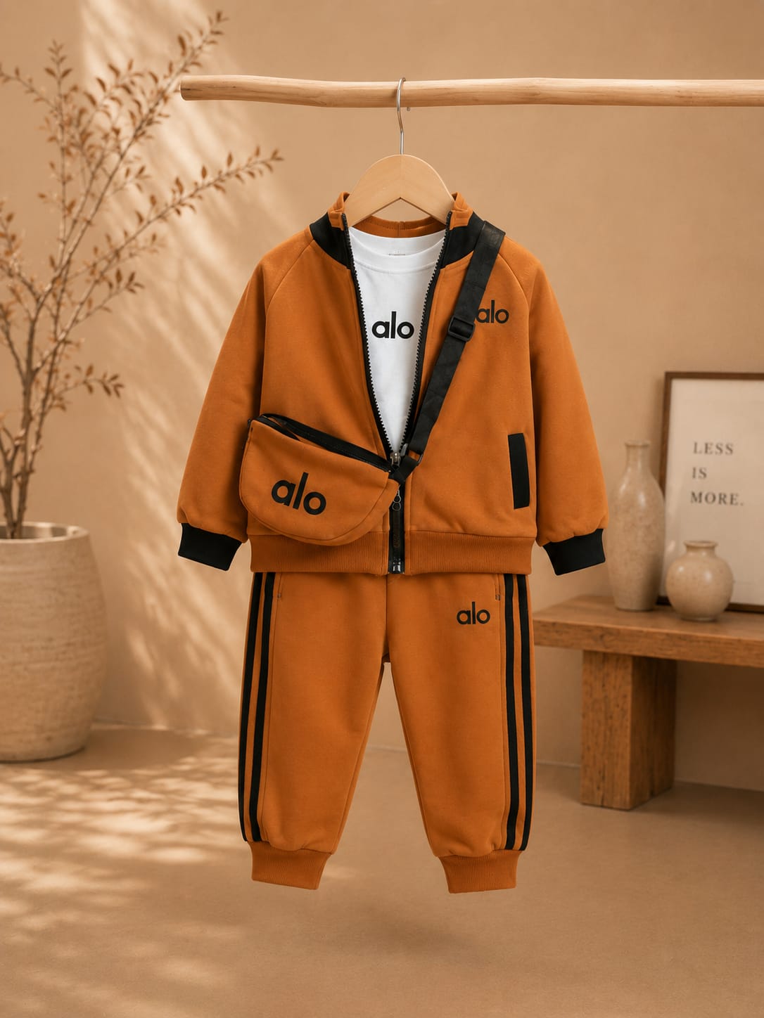 Kids Premium 3-Piece Mustard Co-Ord Set with Zipper Jacket, Printed T-Shirt & Matching Sling Bag | Boys | Sizes 18–26