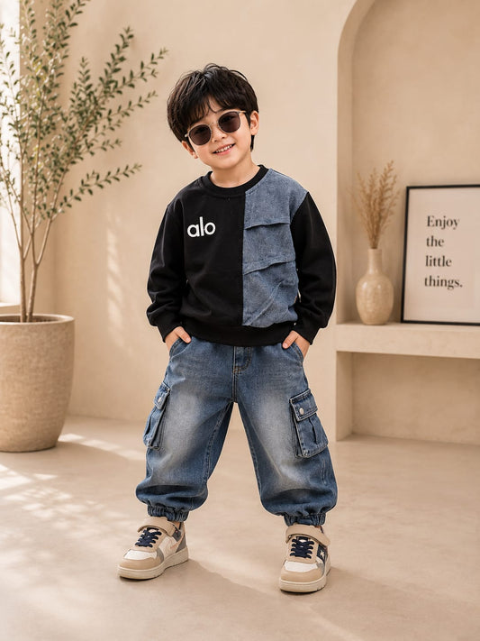 Kids Premium Denim Cargo Co-Ord Set | Black & Blue Sweatshirt with Cargo Jogger Jeans | Boys | Sizes 18–26