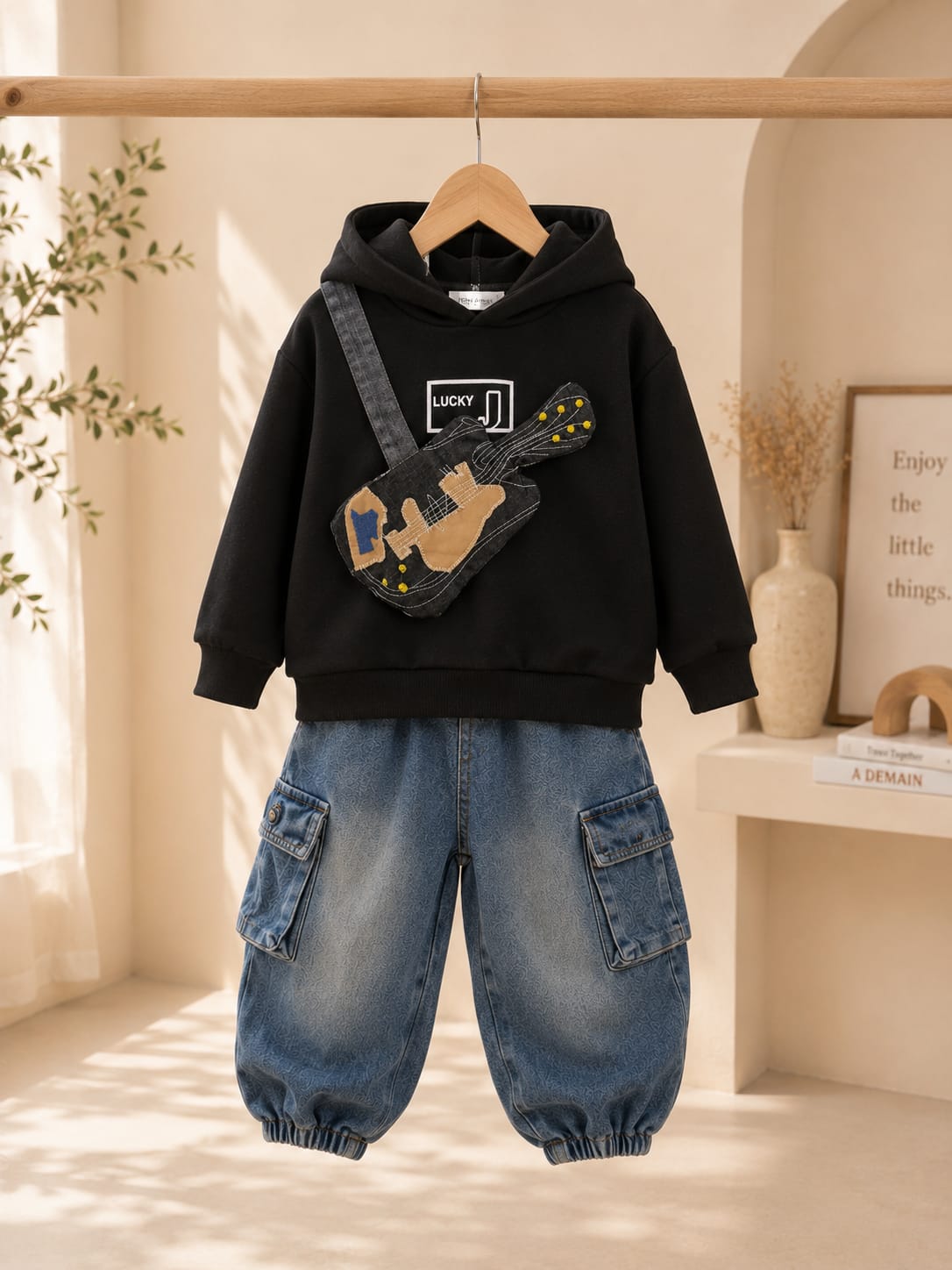 Kids Premium Hoodie & Denim Cargo Co-Ord Set with Guitar Sling Bag | Boys | Sizes 18–26