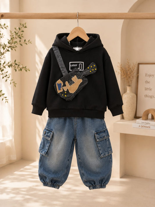 Kids Premium Hoodie & Denim Cargo Co-Ord Set with Guitar Sling Bag | Boys | Sizes 18–26