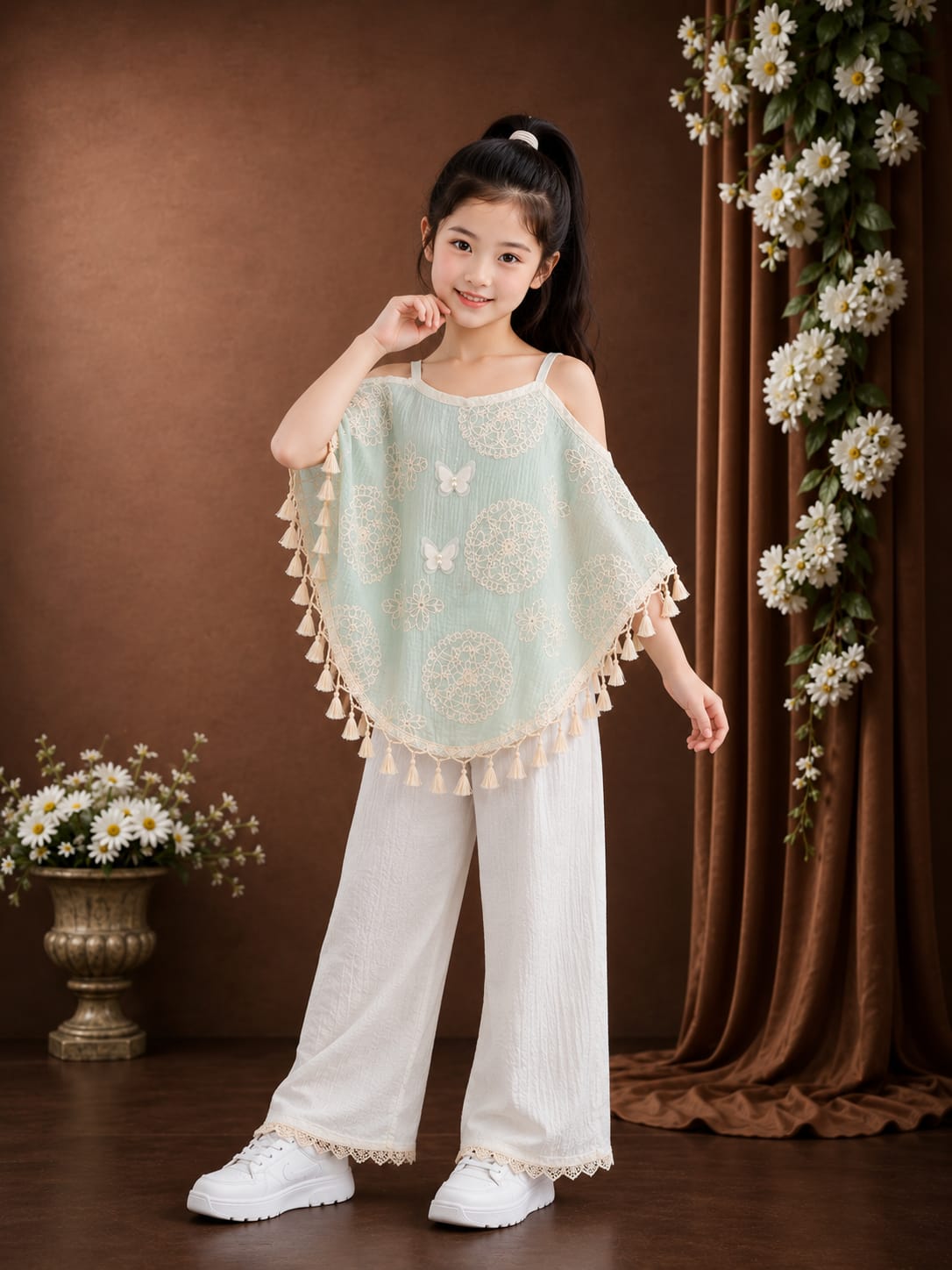 Premium Girls Embroidered Poncho Top & Palazzo Co-Ord Set | Mint Green & White | Ethnic Party Wear | Sizes 6-12 Years