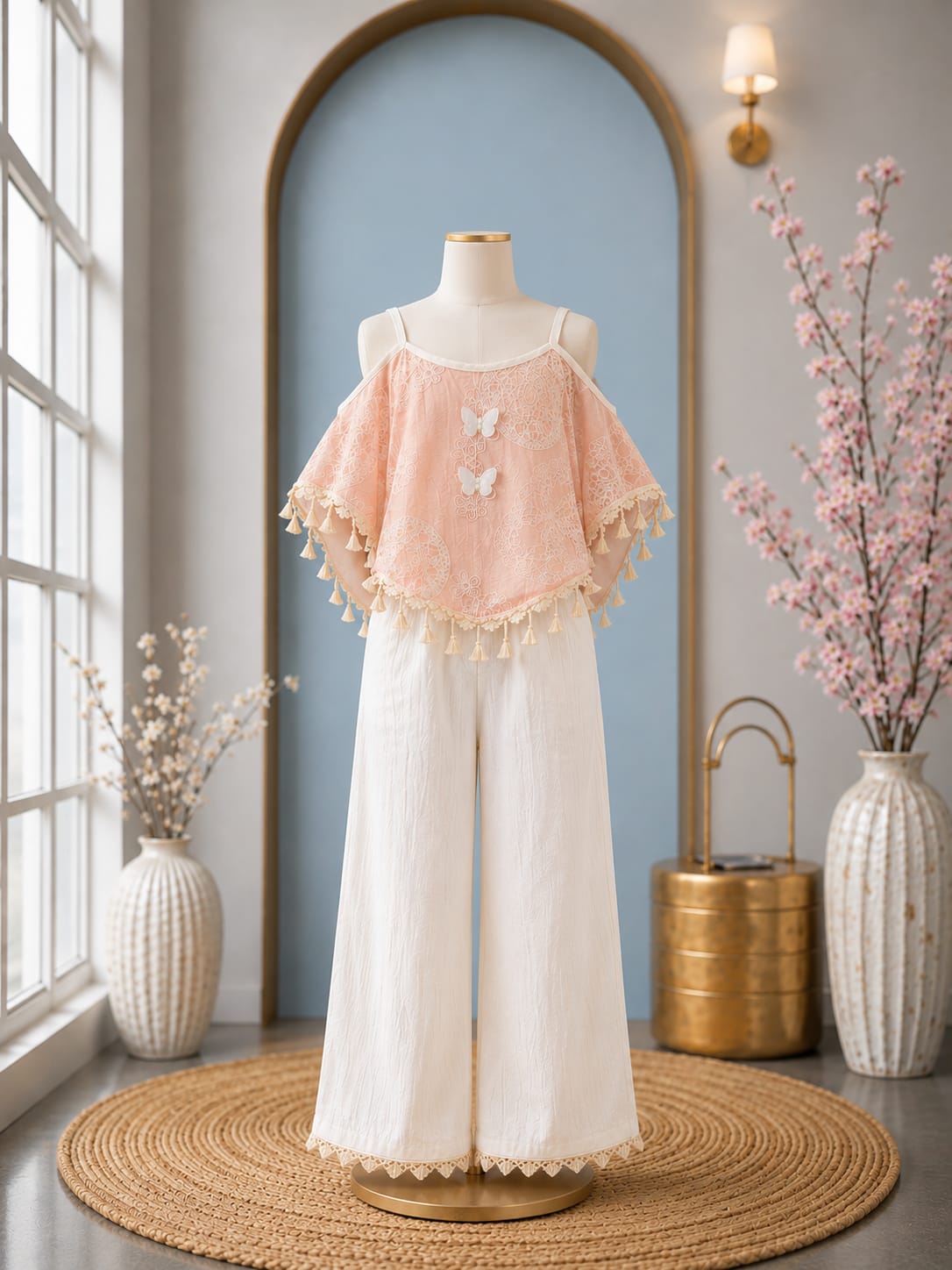 Premium Girls Embroidered Cold Shoulder Poncho Top & Palazzo Co-Ord Set | Peach & White | Party Wear | Sizes 6-12 Years