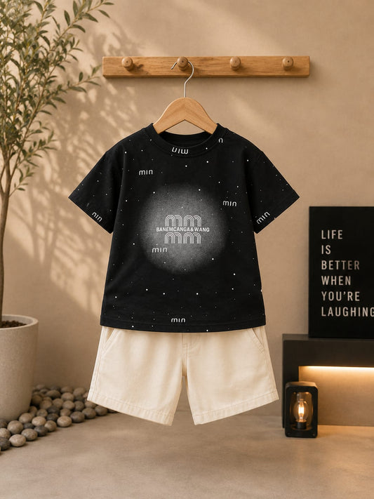 Kids Premium Summer T-Shirt & Shorts Co-Ord Set | Black Graphic T-Shirt with White Shorts | Boys | Sizes 18–26