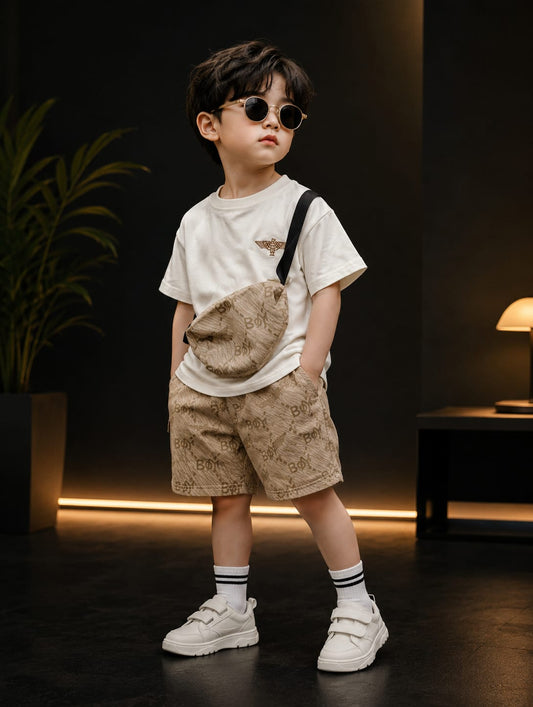 Premium Boys Summer T-Shirt & Printed Shorts Co-Ord Set with Sling Bag | Beige | Sizes 18-26