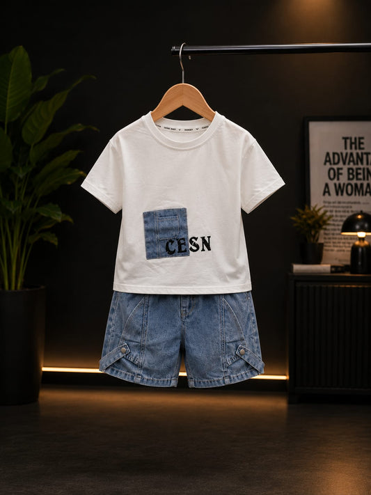 Premium Boys Summer T-Shirt & Denim Shorts Co-Ord Set | White & Blue | Soft Cotton | Sizes 18-26