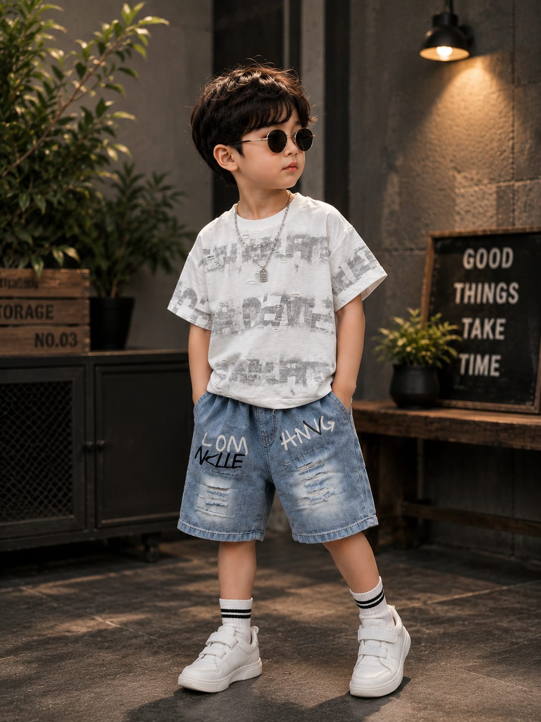 Premium Boys Graphic T-Shirt & Denim Shorts Co-Ord Set | Summer Casual Outfit | Blue | Sizes 18-26