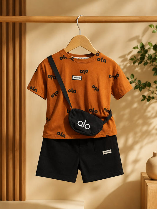 Premium Boys Summer T-Shirt & Shorts Co-Ord Set with Sling Bag | Brown & Black | Soft Cotton | Sizes 18-26