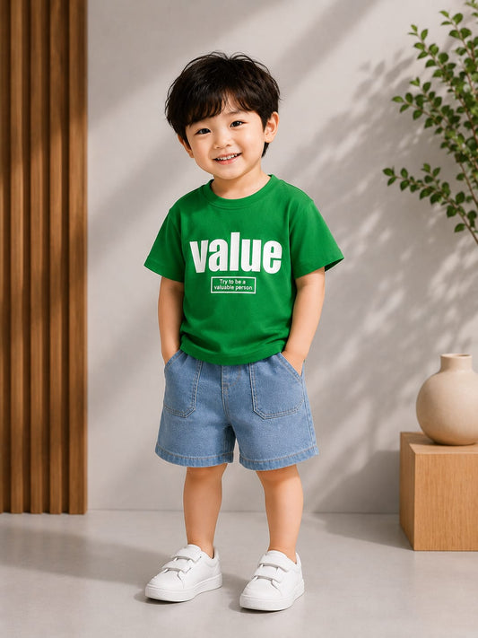 Premium Boys Summer T-Shirt & Denim Shorts Co-Ord Set | Green & Light Blue | Soft Cotton | Sizes 18-26