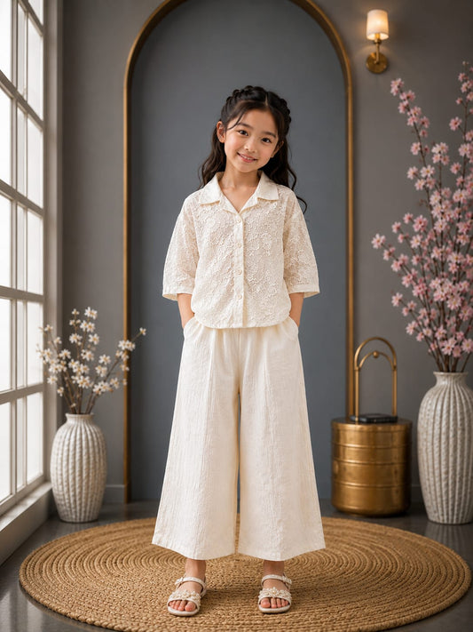 Premium Girls Embroidered Shirt & Palazzo Co-Ord Set | Off White | Casual & Party Wear | Sizes 6-12 Years