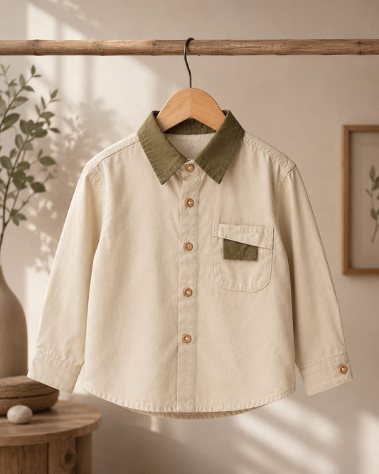 Premium Boys Cotton Full Sleeve Casual Shirt | Contrast Collar Pocket Design | Sizes 2–7 Years