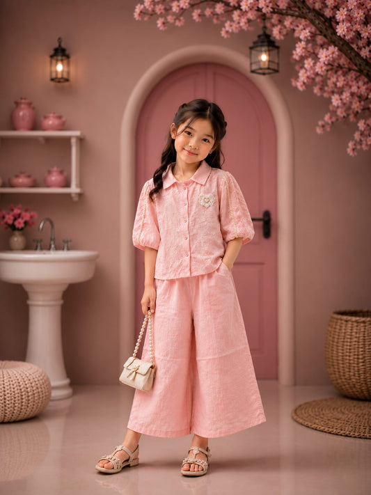 Premium Girls Pink Embroidered Shirt & Palazzo Co-Ord Set | Party Wear | Sizes 6-12 Years
