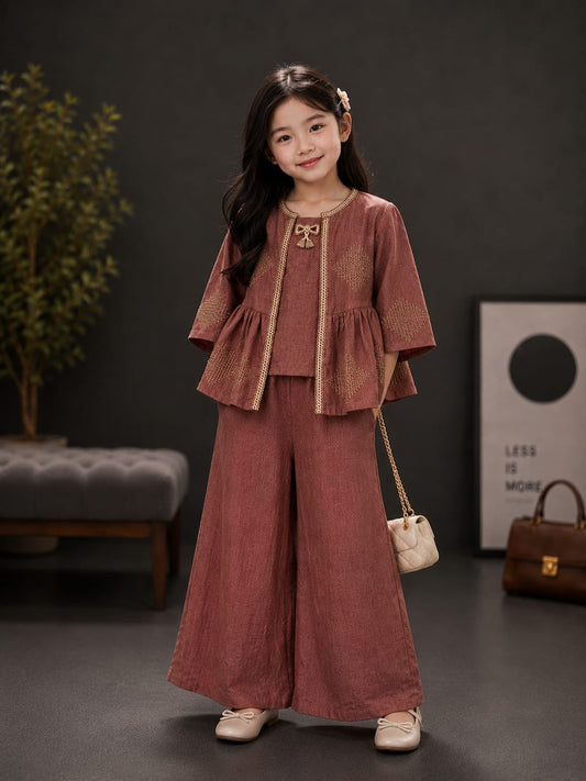 Premium Girls Designer Peplum Top & Palazzo Co-Ord Set | Brown | Ethnic Party Wear | Sizes 6-12 Years