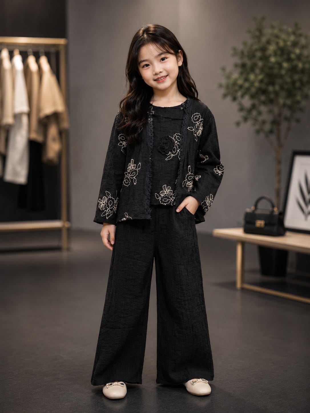 Premium Girls Floral Embroidered 3-Piece Co-Ord Set | Black | Party & Ethnic Wear | Sizes 6-12 Yea