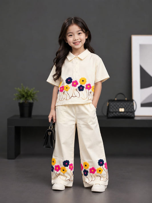 Premium Girls Floral Embroidered Shirt & Palazzo Co-Ord Set | Off White | Party Wear | Sizes 6-12 Years
