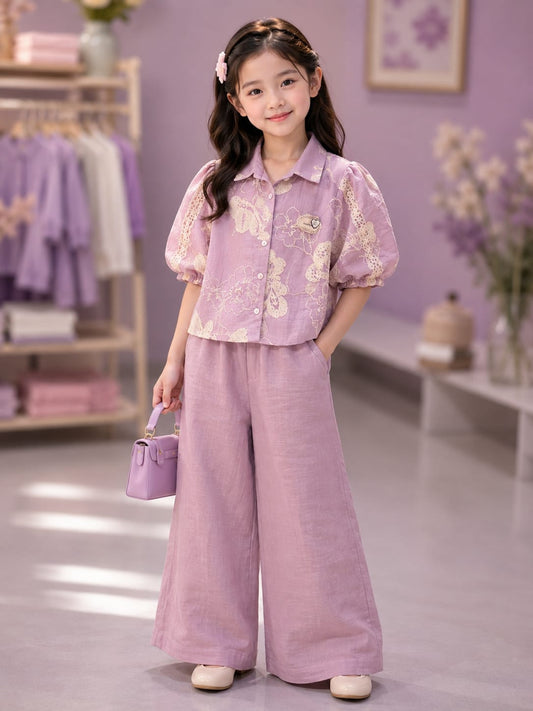 Premium Girls Floral Embroidered Shirt & Palazzo Co-Ord Set | Lavender | Party Wear | Sizes 6-12 Years