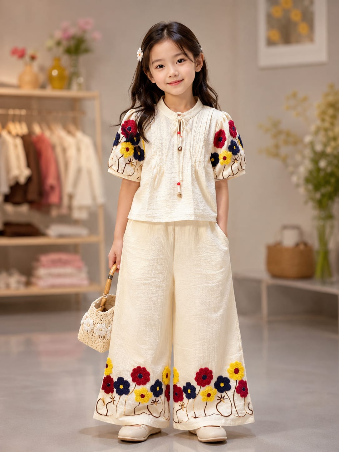 Premium Girls Floral Embroidered Top & Palazzo Co-Ord Set | Cream | Party Wear | Sizes 6–12 Years